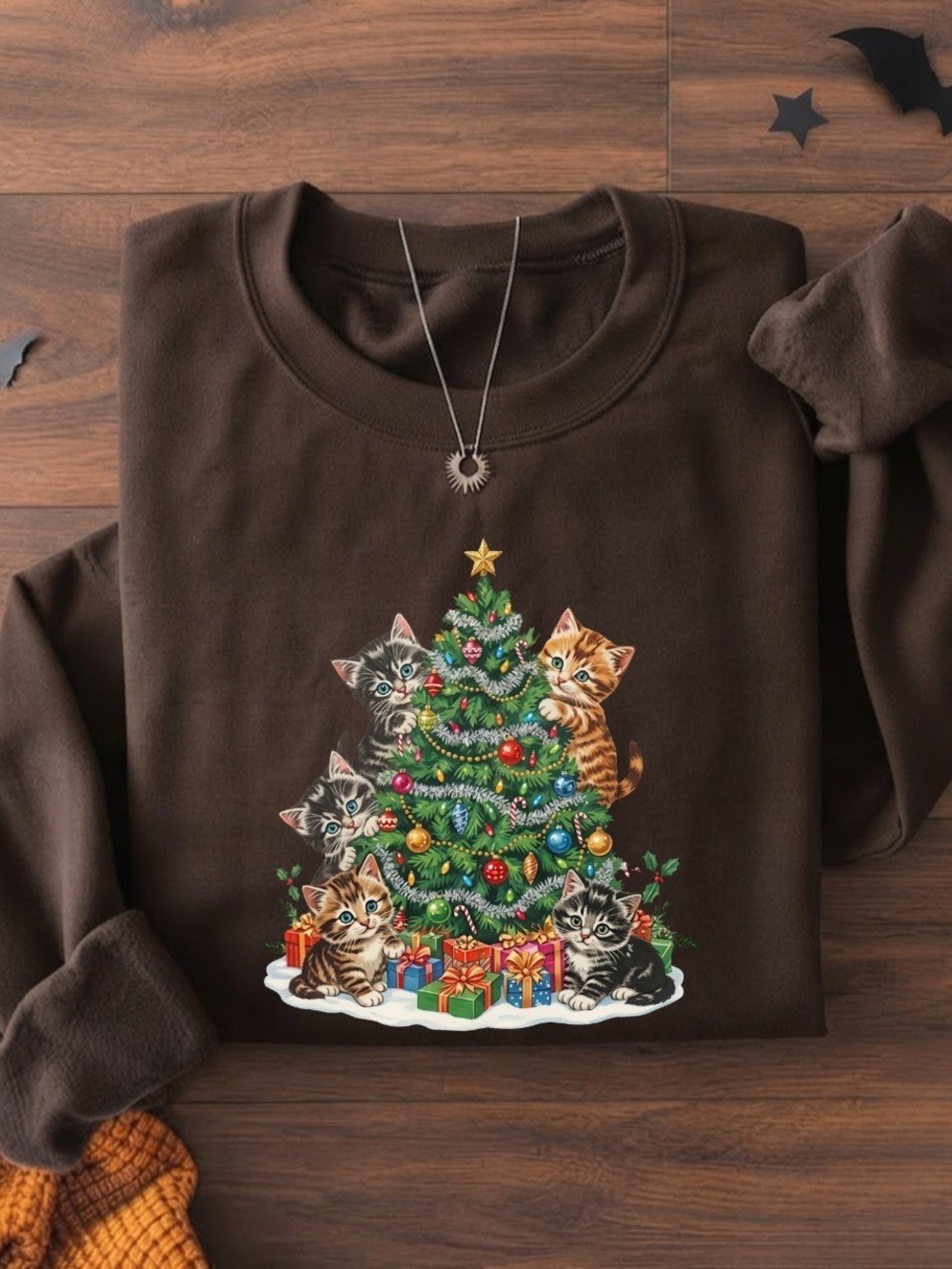 Cute Christmas Tree Kittens Cats Brown Gildan Sweatshirt